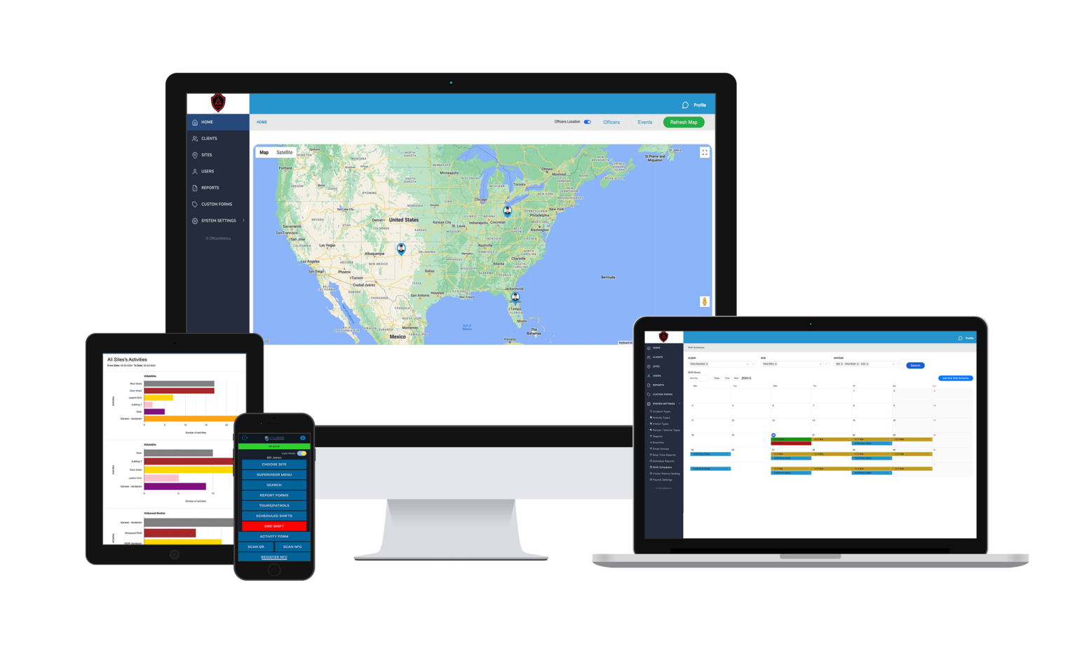 various screens displaying officermetrics being used